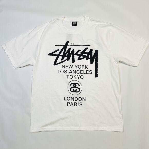 New Stussy World Tour Tee White Mens Size Large Double Sided Logo 2025 - Picture 1 of 9